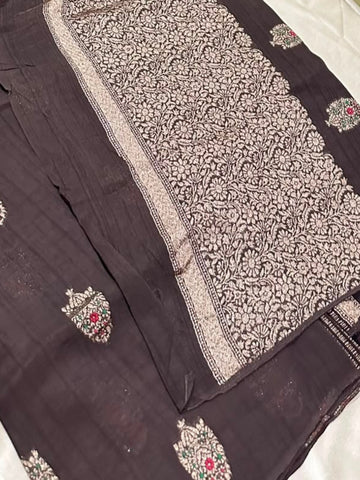 Matka tussar silk saree Dark Chocolate Brown Shade | Glow & Glitter Boutique
