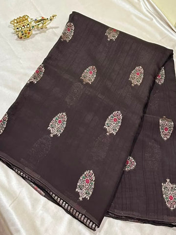 Matka tussar silk saree Dark Chocolate Brown Shade | Glow & Glitter Boutique