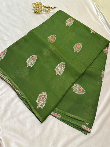 Matka tussar silk saree Olive Green Shade | Glow & Glitter Boutique