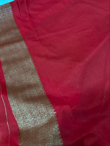 Ruby Red Banarasi Silk Saree with Antique Gold Zari Border | Glow & Glitter Boutique