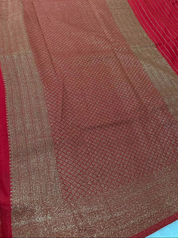 Ruby Red Banarasi Silk Saree with Antique Gold Zari Border | Glow & Glitter Boutique