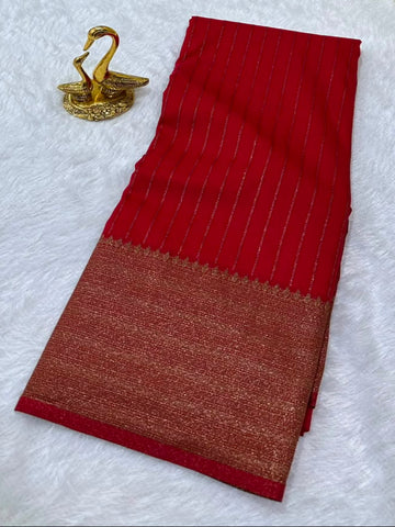Ruby Red Banarasi Silk Saree with Antique Gold Zari Border | Glow & Glitter Boutique