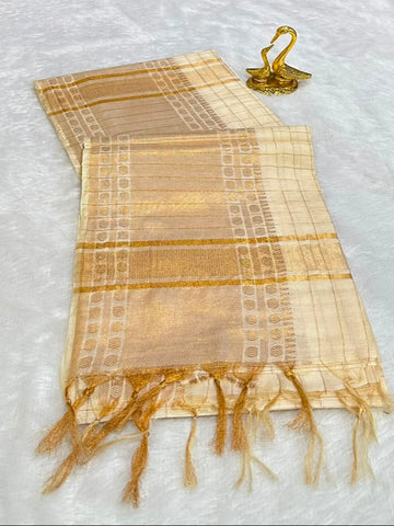 Traditional Kerala Kasavu Saree in Ivory with Rich Golden Zari Border | glow & Glitter Boutique