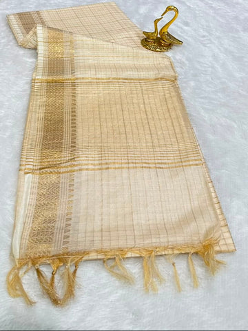 Traditional Kerala Kasavu Saree in Ivory with Rich Gold Zari Border | Glow & Glitter Boutique