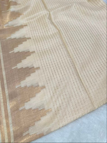 Premium Kerala Kasavu Tissue Saree in Ivory with Champagne Gold Temple Border | Glow & Glitter Boutique