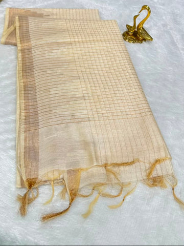 Premium Kerala Kasavu Tissue Saree in Ivory with Champagne Gold Temple Border | Glow & Glitter Boutique
