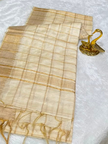 Premium Kerala Kasavu Saree in Ivory with Rich Gold Check Border | glow & Glitter Boutique