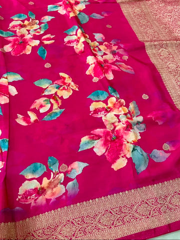 Banaras digital silk saree Megenta Pink Shade | Glow & Glitter Boutique