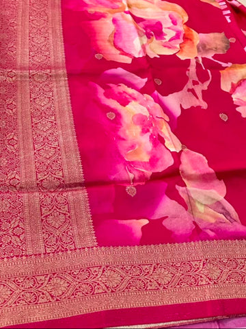 Banaras digital silk saree Rani Pink Shade | Glow & Glitter Boutique