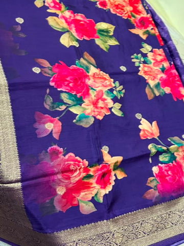 Banaras digital silk saree Royal Purple with Silver Zari Border | Glow & Glitter Boutique