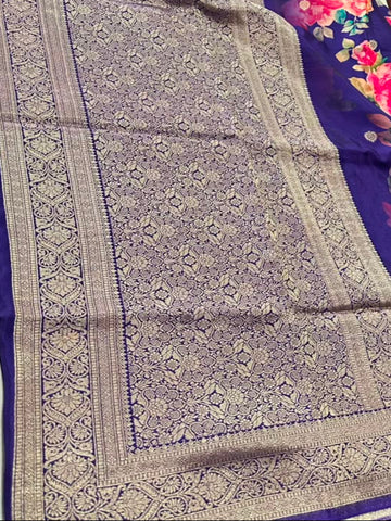 Banaras digital silk saree Royal Purple with Silver Zari Border | Glow & Glitter Boutique