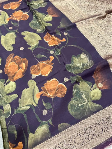 Banaras digital silk saree Deep Chocolate Brown Shade | Glow & Glitter Boutique