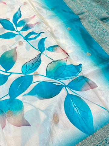 Banaras digital silk saree Ivory white with Aqua blue shade border | Glow & Glitter Boutique