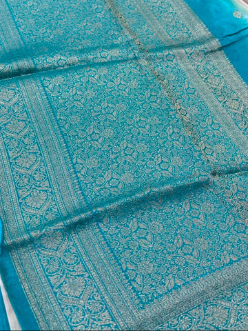 Banaras digital silk saree Ivory white with Aqua blue shade border | Glow & Glitter Boutique