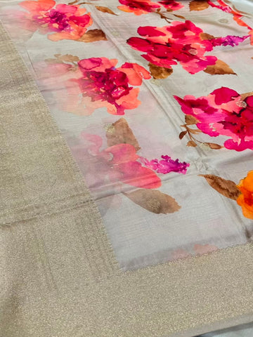 Banaras digital silk saree Chikoo Beige Floral | Glow & Glitter Boutique
