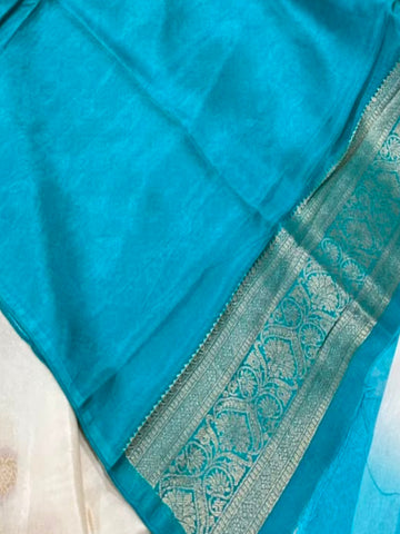 Banaras digital silk saree Ivory white with Aqua blue shade border | Glow & Glitter Boutique