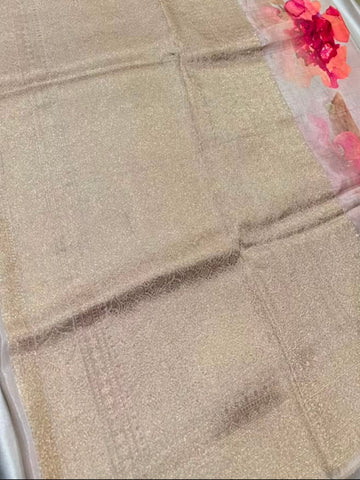 Banaras digital silk saree Chikoo Beige Floral | Glow & Glitter Boutique