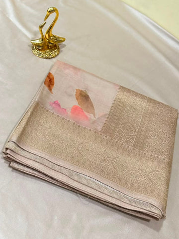 Banaras digital silk saree Chikoo Beige Floral | Glow & Glitter Boutique