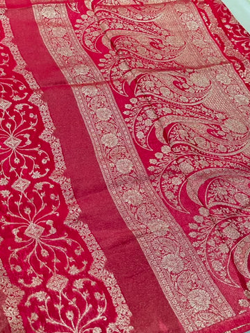 Premium HO silk saree Rich Red Shade gold zari work | Glow & Glitter Boutique