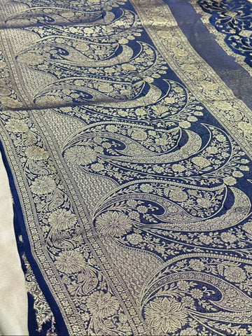 Premium HO silk saree Royal Blue With Zari Gold Work | Glow & Glitter Boutique