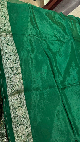 Premium HO silk saree Bottle Green with Gold Zari Work | Glow & Glitter Boutique