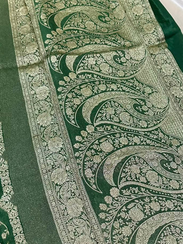Premium HO silk saree Bottle Green with Gold Zari Work | Glow & Glitter Boutique