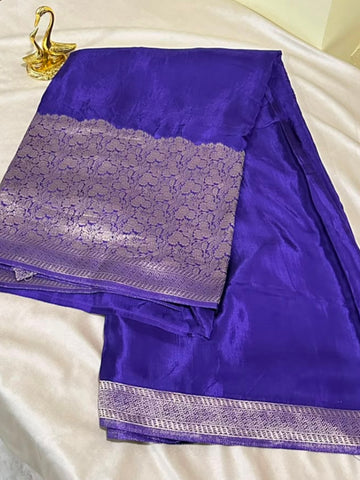 Premium HO silk saree Deep Purple Shade With Gold Zari Border | Glow & Glitter Boutique