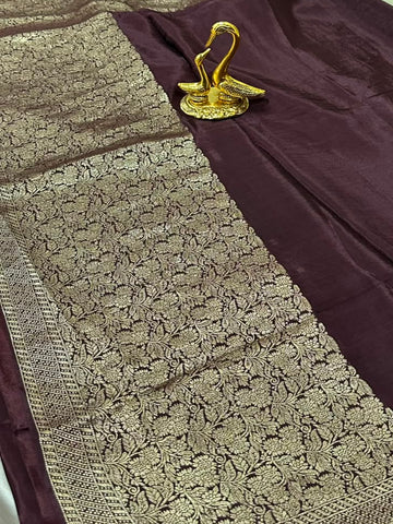 Premium HO silk saree Deep Chocolate Brown With Zari Gold Border | Glow & Glitter Boutique