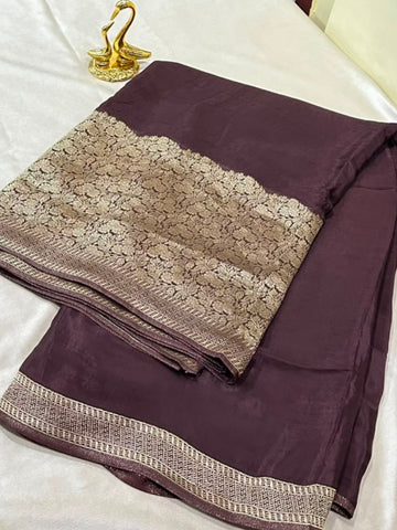 Premium HO silk saree Deep Chocolate Brown With Zari Gold Border | Glow & Glitter Boutique