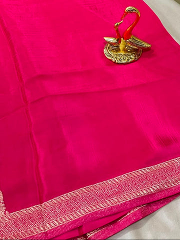 Premium HO silk saree Rani Pink Shade With Gold Zari Border | Glow & Glitter Boutique