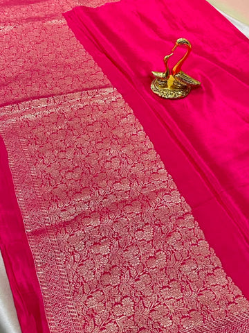Premium HO silk saree Rani Pink Shade With Gold Zari Border | Glow & Glitter Boutique