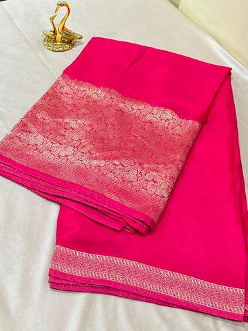Premium HO silk saree Rani Pink Shade With Gold Zari Border | Glow & Glitter Boutique