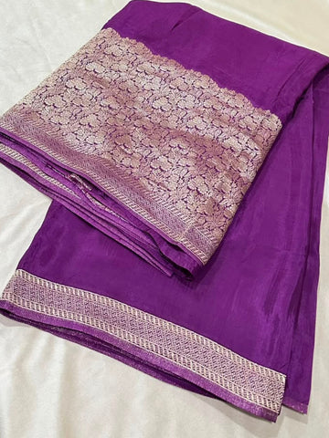 Premium HO silk saree Royal Purple Shade With Gold Zari Border | Glow & Glitter Boutique