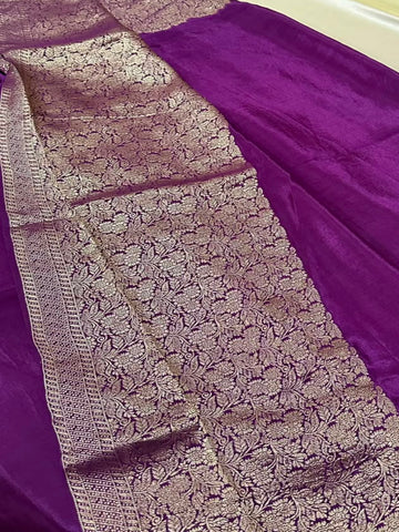 Premium HO silk saree Royal Purple Shade With Gold Zari Border | Glow & Glitter Boutique