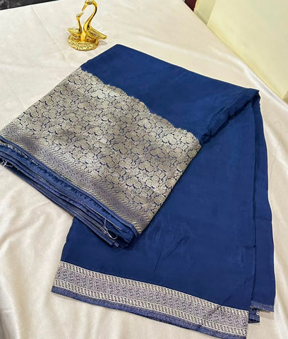 Premium HO silk saree Deep Teal Blue Shade With Gold Zaro Border | Glow & Glitter Boutique