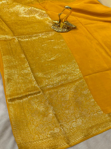 Premium HO silk saree Gold Yellow Shade With Gold Zari Border | Glow & Glitter Boutique