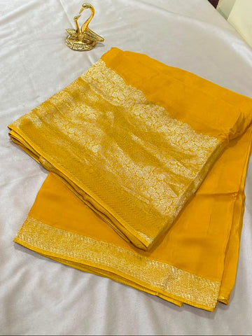 Premium HO silk saree Gold Yellow Shade With Gold Zari Border | Glow & Glitter Boutique