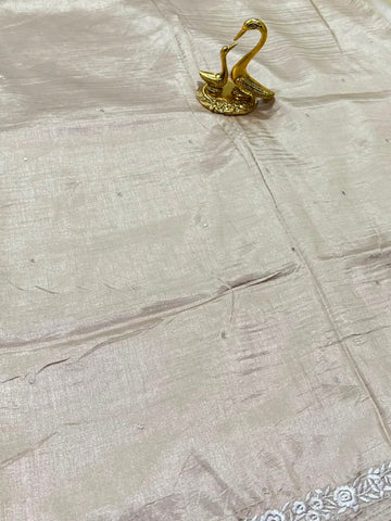 Premium Tussar silk saree with rich embroidery Ivory Mix Chikoo Shade | Glow & Glitter Boutique