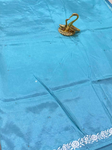Premium Tussar silk saree with rich embroidery Sky Blue Shade | Glow & Glitter Boutique