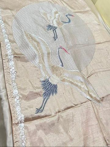 Premium Tussar silk saree with rich embroidery Ivory Mix Chikoo Shade | Glow & Glitter Boutique