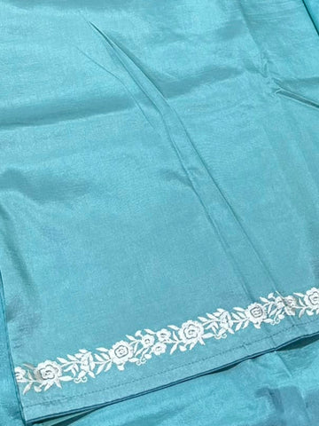 Premium Tussar silk saree with rich embroidery Sky Blue Shade | Glow & Glitter Boutique