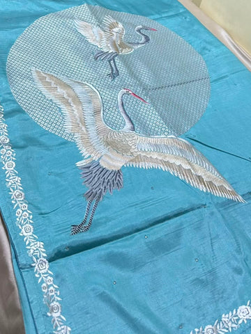 Premium Tussar silk saree with rich embroidery Sky Blue Shade | Glow & Glitter Boutique