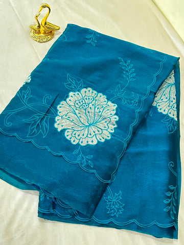 Organza appliqué work saree Peacock Blue | Glow & Glitter Boutique
