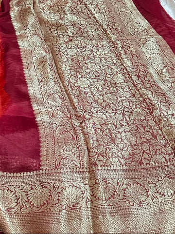Banaras 3D silk Dark Maroon Banarasi Border Rust & Chikoo Color With Running Blouse | Glow & Glitter Boutique