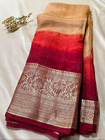 Banaras 3D silk Dark Maroon Banarasi Border Rust & Chikoo Color With Running Blouse | Glow & Glitter Boutique