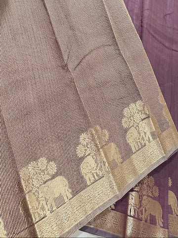 Semi Tussar Silk Saree Coco Brown Shade with Antique Gold Zari Elephant Border | Glow & Glitter Boutique
