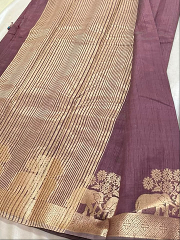 Semi Tussar Silk Saree Coco Brown Shade with Antique Gold Zari Elephant Border | Glow & Glitter Boutique