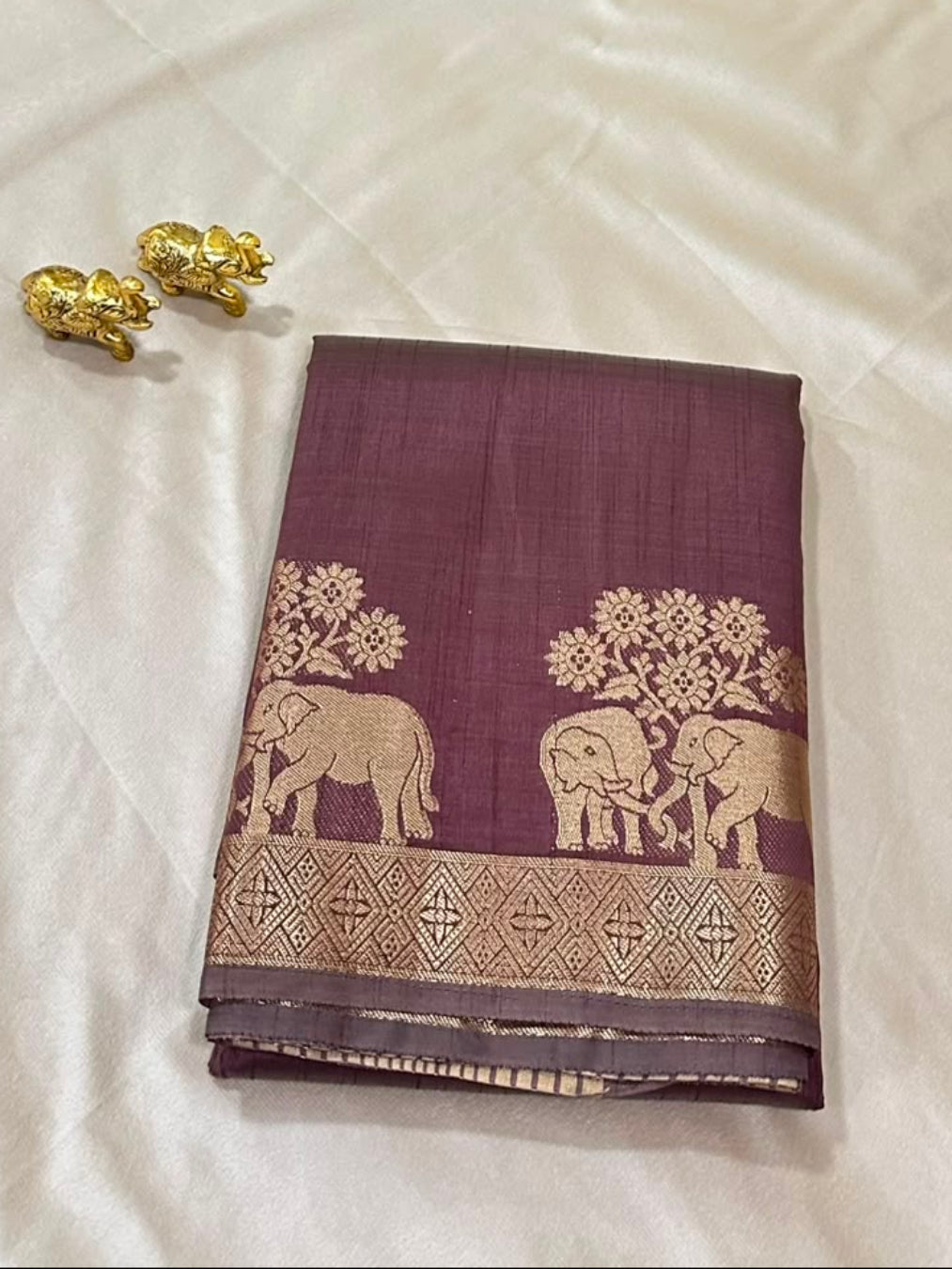 Semi Tussar Silk Saree Coco Brown Shade with Antique Gold Zari Elephant Border | Glow & Glitter Boutique