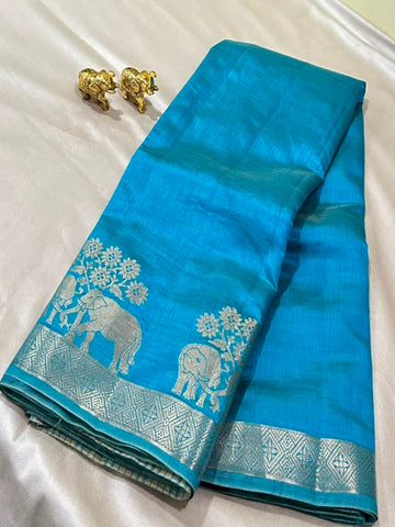 Semi Tussar Silk Saree Aqua Blue with Gold Zari Elephant Border | Glow & Glitter Boutique