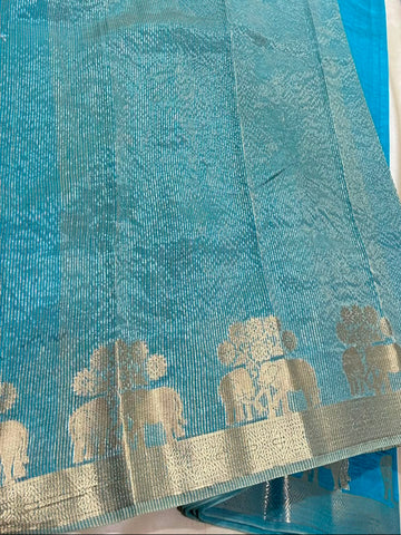 Semi Tussar Silk Saree Aqua Blue with Gold Zari Elephant Border | Glow & Glitter Boutique